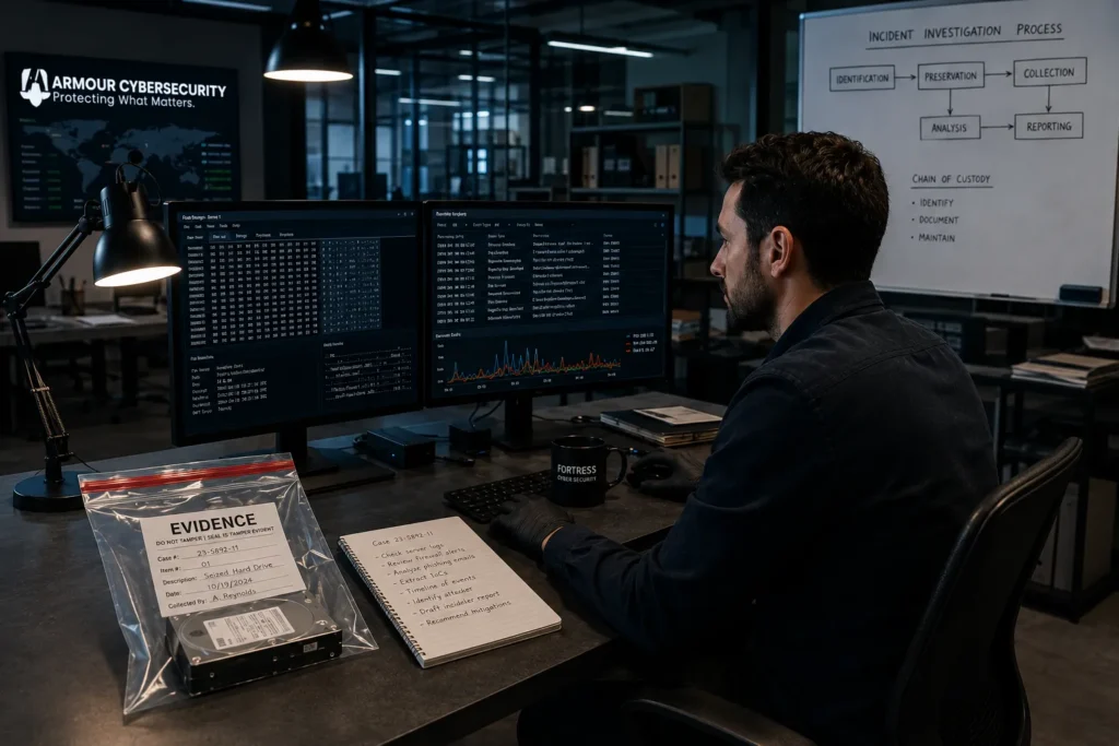 Technical forensics specialist conducting a digital forensic investigation after a cybersecurity incident