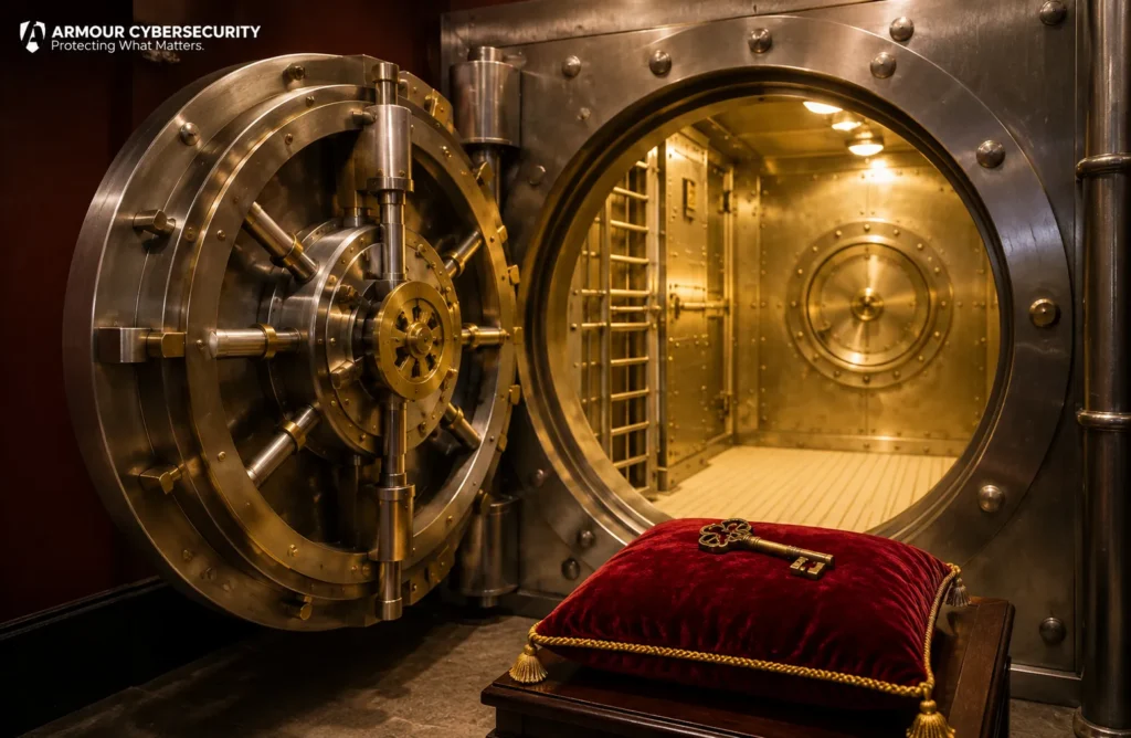 Open bank vault with a gold key symbolizing privileged access management, secure administrative controls, and protection of critical business systems.