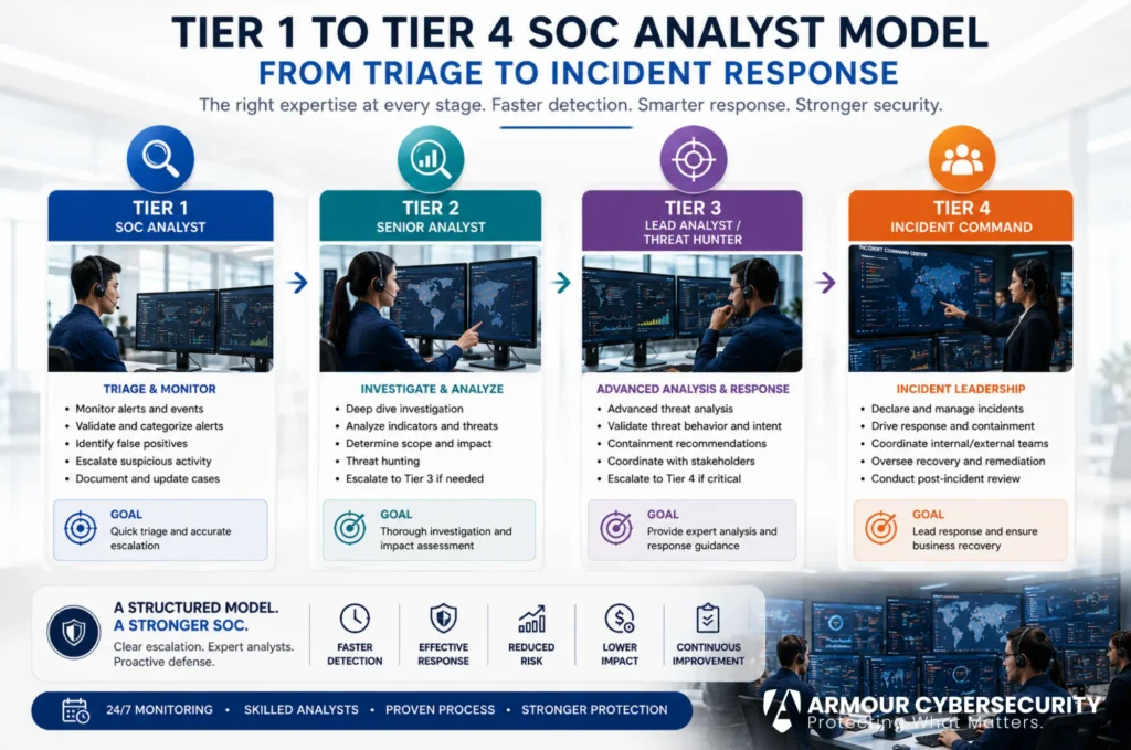 "Tier 1 to Tier 4 SOC analyst model from triage to incident response"