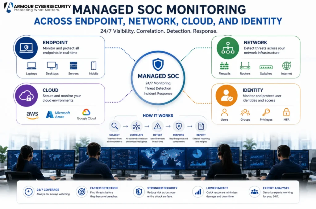 "Managed SOC monitoring across endpoint, network, cloud, and identity"