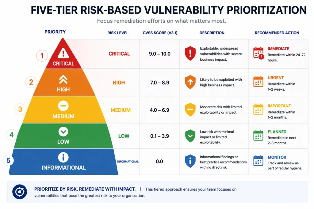 Risk-based vulnerability prioritization from critical to informational