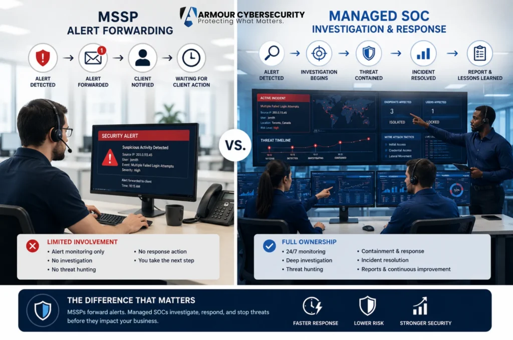MSSP alert forwarding versus managed SOC investigation and response