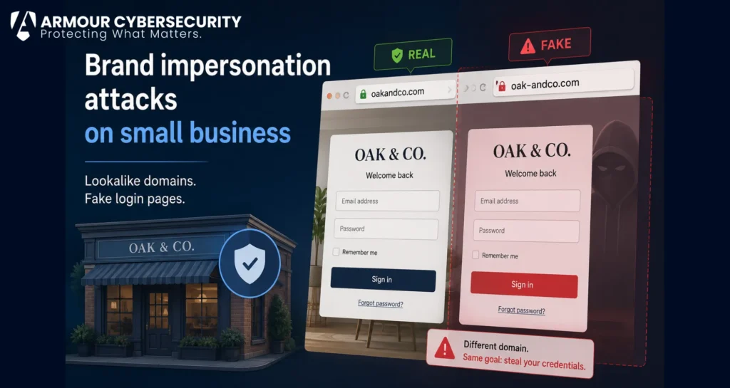 Brand impersonation attacks on small business shown as lookalike domains and fake login pages