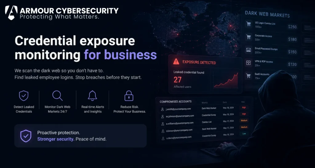 Credential exposure monitoring for business scanning dark web markets for leaked employee logins