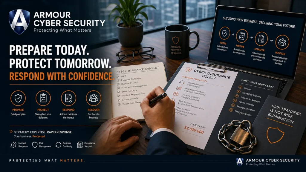 Cyber insurance planning workspace featuring a cybersecurity policy checklist, risk assessment dashboard, secure business documentation, and Armour Cybersecurity branding emphasizing incident preparedness, cyber risk management, and business resilience.