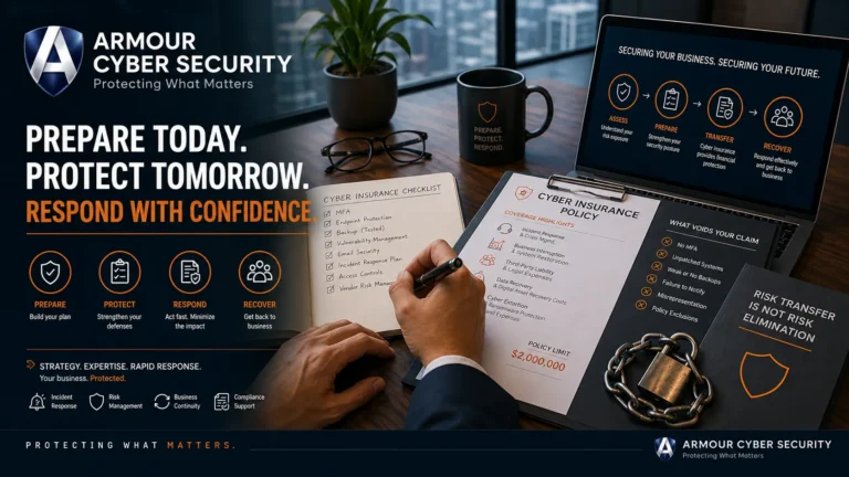 Cyber insurance planning workspace featuring a cybersecurity policy checklist, risk assessment dashboard, secure business documentation, and Armour Cybersecurity branding emphasizing incident preparedness, cyber risk management, and business resilience.