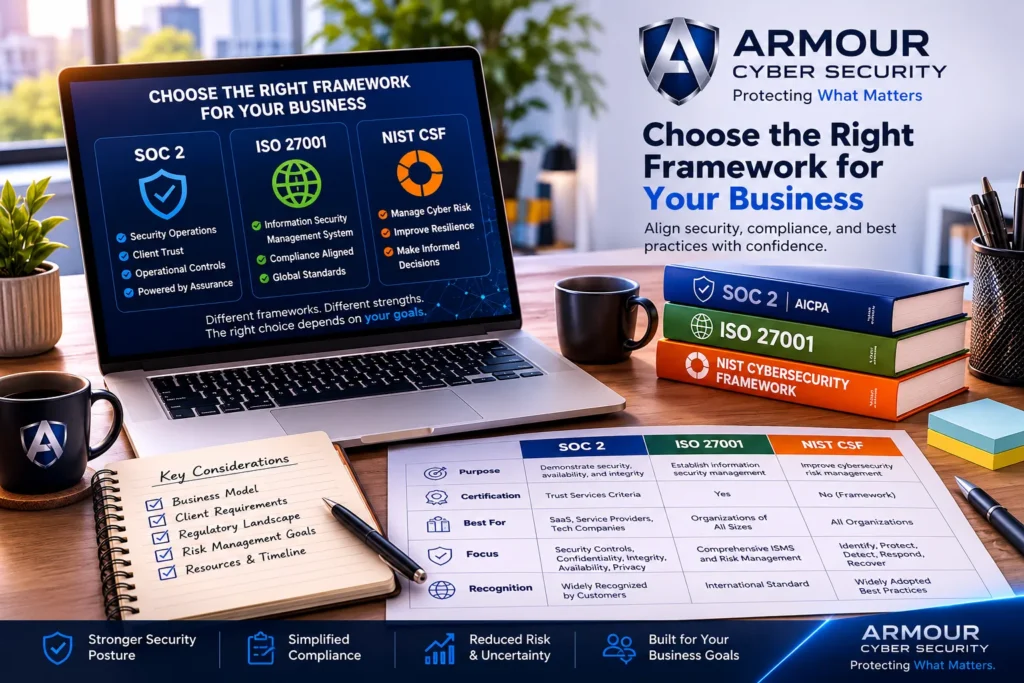 Business professional evaluating SOC 2, ISO 27001, and NIST Cybersecurity Framework requirements on a laptop with compliance documents and Armour Cybersecurity branding.