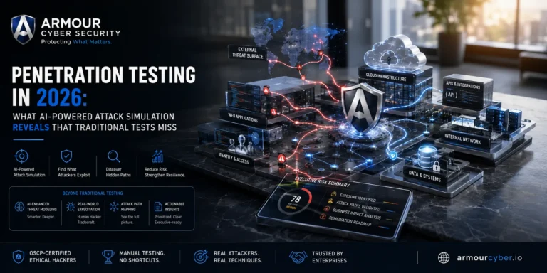3D enterprise network visualization showing AI-powered penetration testing that simulates real-world cyberattacks across cloud infrastructure, web applications, APIs, identity systems, and internal networks with Armour Cybersecurity branding.