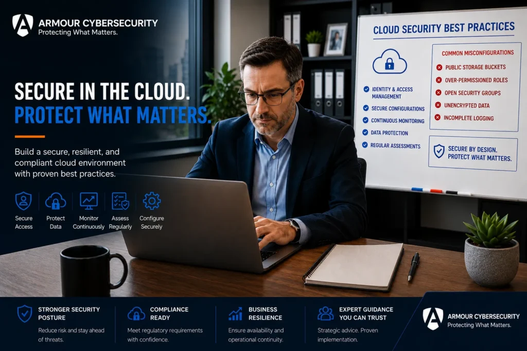 Professional cloud security infographic featuring a cybersecurity expert working on a laptop with cloud security best practices, secure access, data protection, continuous monitoring, and compliance solutions by Armour CyberSecurity.