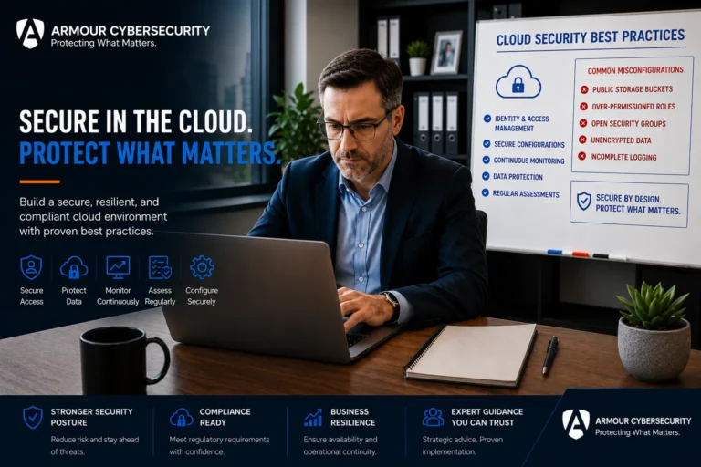 Professional cloud security infographic featuring a cybersecurity expert working on a laptop with cloud security best practices, secure access, data protection, continuous monitoring, and compliance solutions by Armour CyberSecurity.
