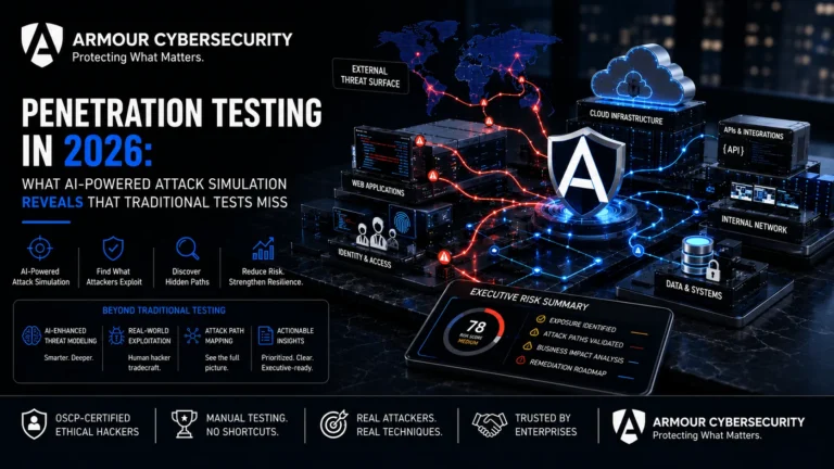 Professional cybersecurity infographic showcasing AI-powered penetration testing services by Armour CyberSecurity, featuring attack simulation, vulnerability assessment, cloud security, web application testing, identity and access management, and enterprise cyber defense.