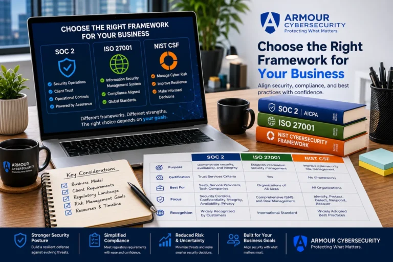 Professional cybersecurity comparison infographic by Armour CyberSecurity illustrating the differences between SOC 2, ISO 27001, and the NIST Cybersecurity Framework (CSF) to help organizations choose the right security and compliance framework.