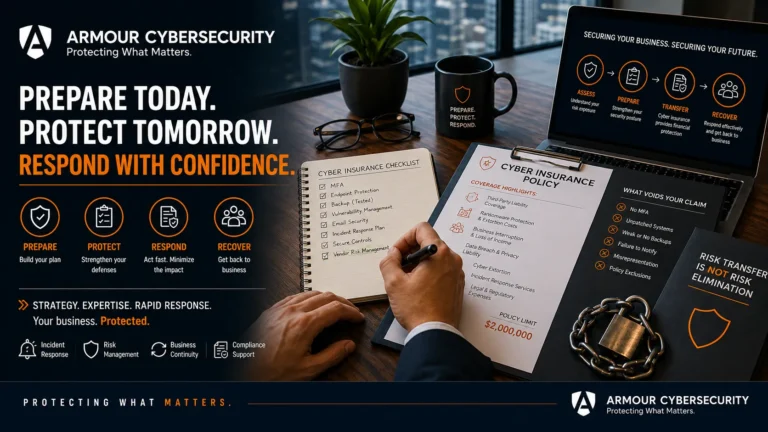 Professional cybersecurity infographic by Armour CyberSecurity highlighting cyber insurance readiness, cyber risk management, incident response planning, compliance, and business resilience with a cyber insurance checklist and policy overview.