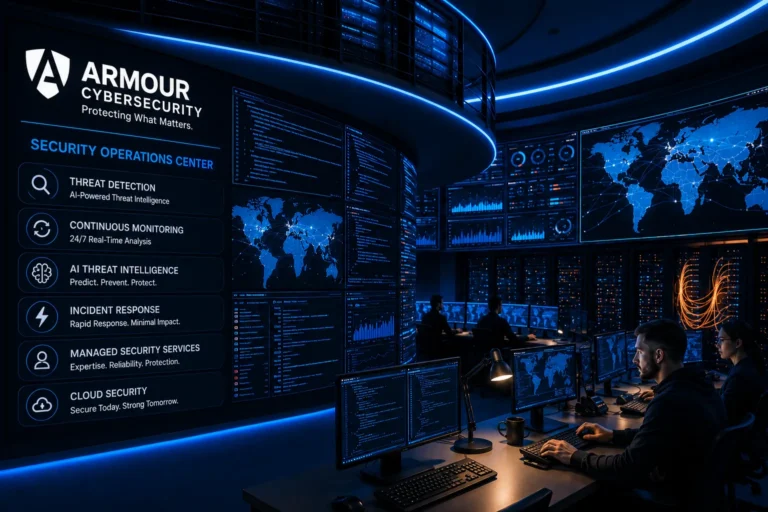 Modern Security Operations Center (SOC) by Armour CyberSecurity featuring cybersecurity analysts monitoring global threats, AI-powered threat detection, continuous security monitoring, incident response, cloud security, and managed security services.