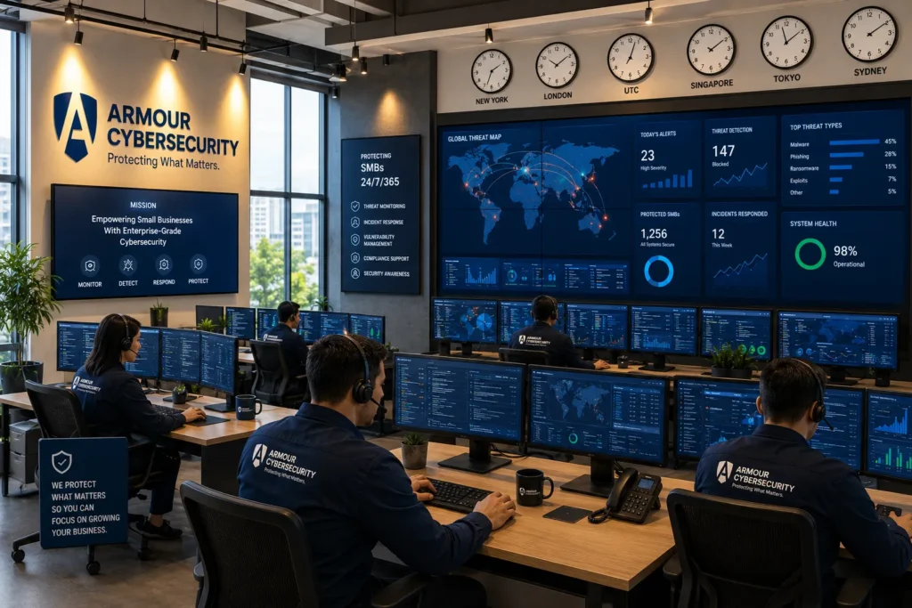 24/7 threat monitoring for small businesses - security operations center analysts monitoring SMB environments around the clock