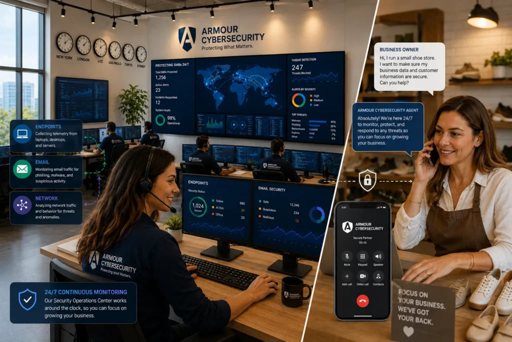 Continuous security monitoring for SMBs - signal collection from endpoints, email, and network feeding into analyst review and response