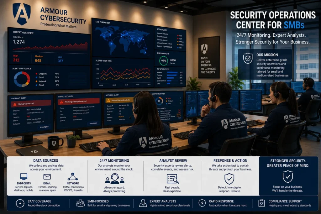 Security operations center for SMBs - analysts reviewing threat alerts across endpoint, email, and network monitoring dashboards