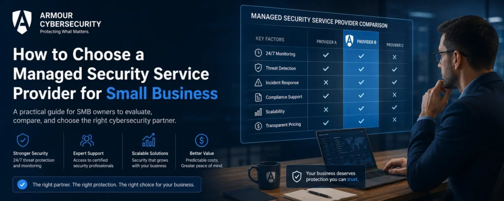How to choose a managed security service provider for small business - SMB owner evaluating cybersecurity provider options