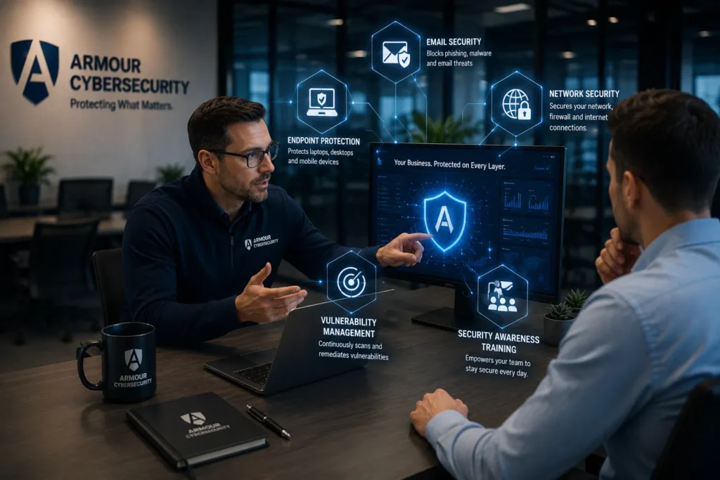 MSSP for small business - coverage checklist showing endpoint, email, network, vulnerability, and awareness training layers