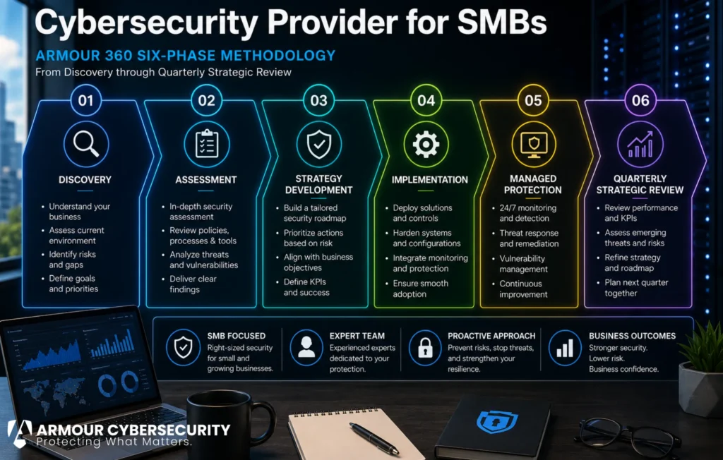 Cybersecurity provider for SMBs - Armour 360 six-phase methodology from discovery through quarterly strategic review
