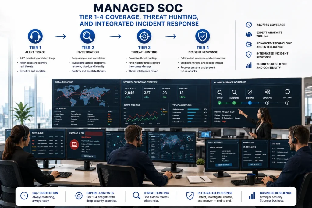 Managed SOC Tier 1-4 coverage, threat hunting, and integrated incident response
