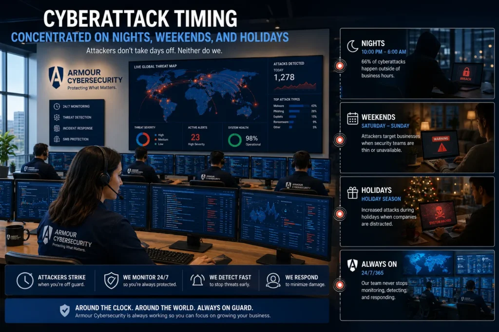 Cyberattack timing concentrated on nights, weekends, and holidays