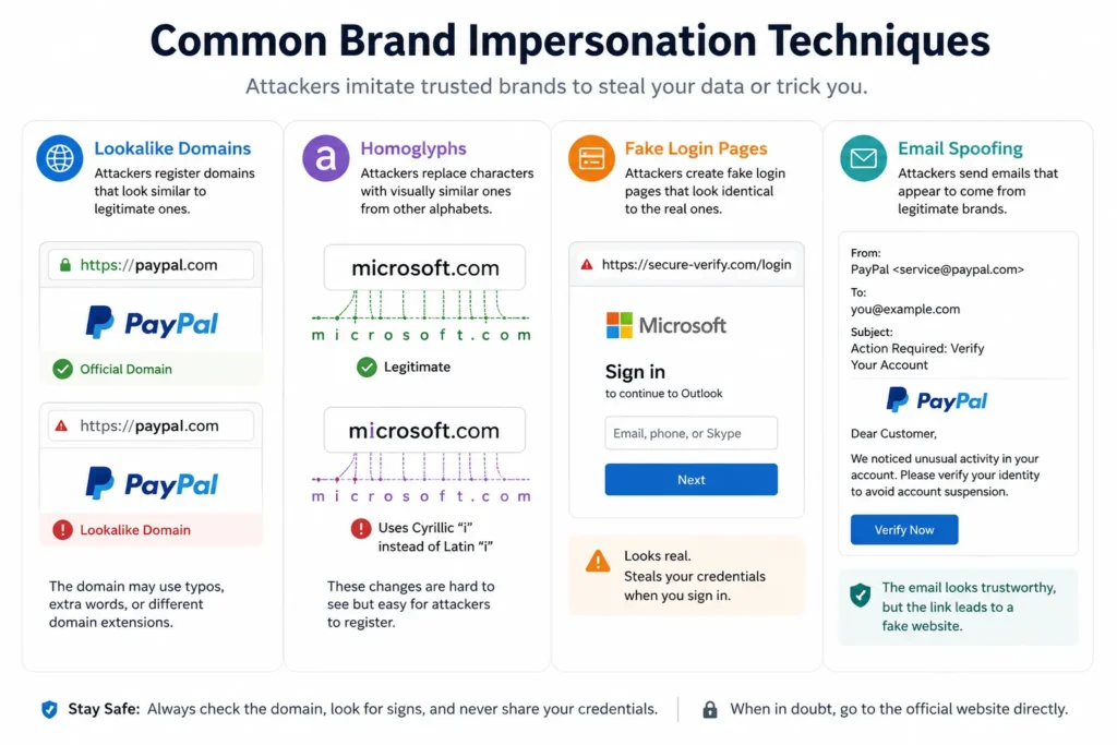Common brand impersonation techniques: lookalike domains, homoglyphs, fake login pages, email spoofing