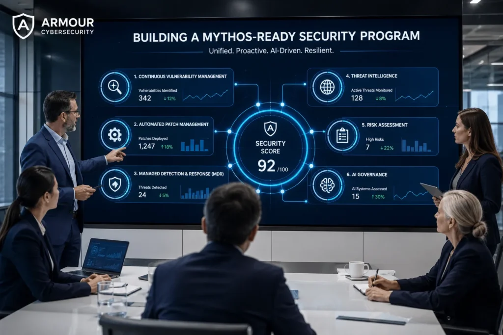 Cybersecurity team reviewing AI-driven vulnerability management, patching, threat intelligence, and managed detection dashboards.
