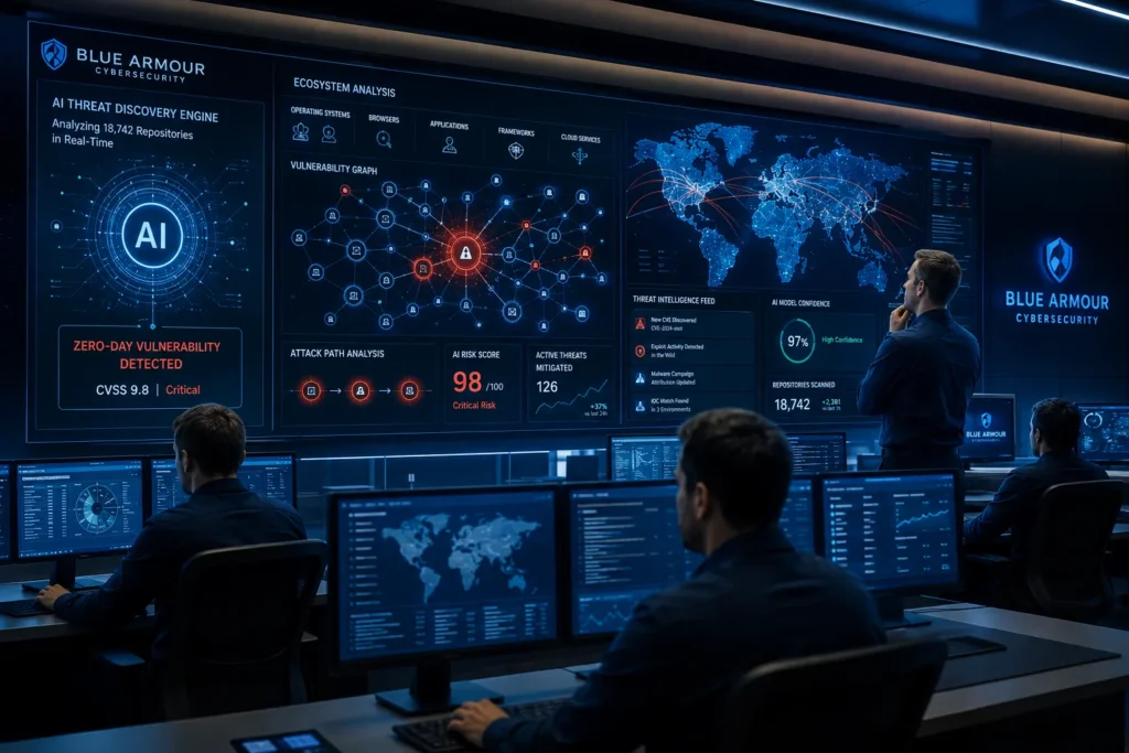 AI-powered cybersecurity platform detecting zero-day vulnerabilities across enterprise software inside a modern Security Operations Center.