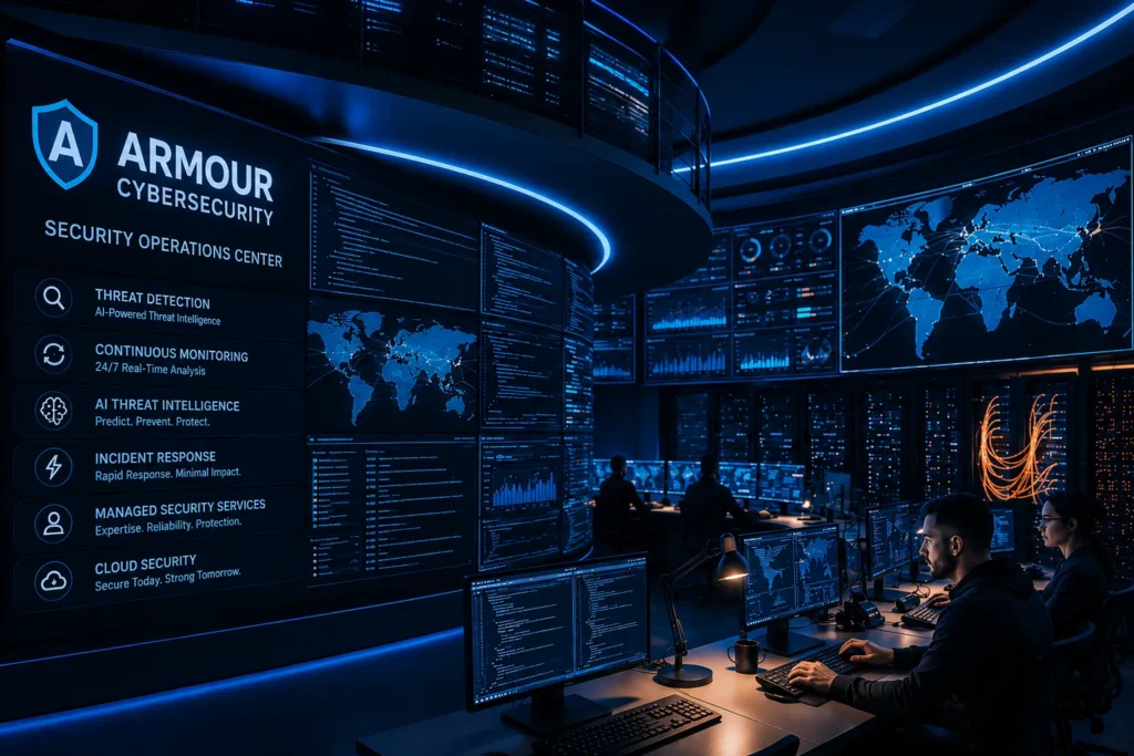 Armour Cybersecurity Security Operations Center (SOC) with analysts monitoring global cyber threats across multiple dashboards in a modern enterprise environment.