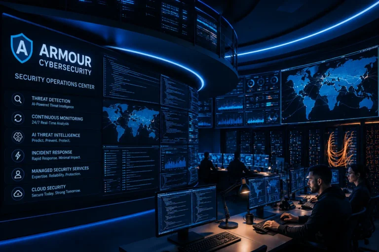 Armour Cybersecurity Security Operations Center (SOC) with analysts monitoring global cyber threats across multiple dashboards in a modern enterprise environment.