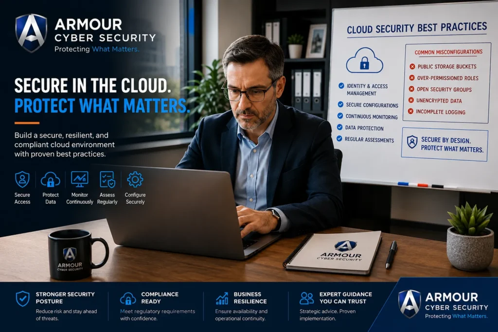Cybersecurity professional implementing cloud security best practices with secure configuration guidance, compliance checklist, and Armour Cybersecurity branding in a modern enterprise office.