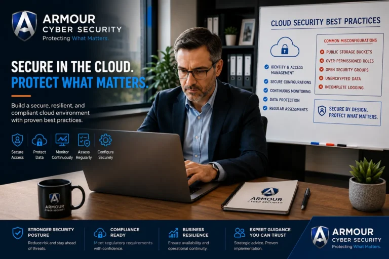 Cybersecurity professional implementing cloud security best practices with secure configuration guidance, compliance checklist, and Armour Cybersecurity branding in a modern enterprise office.