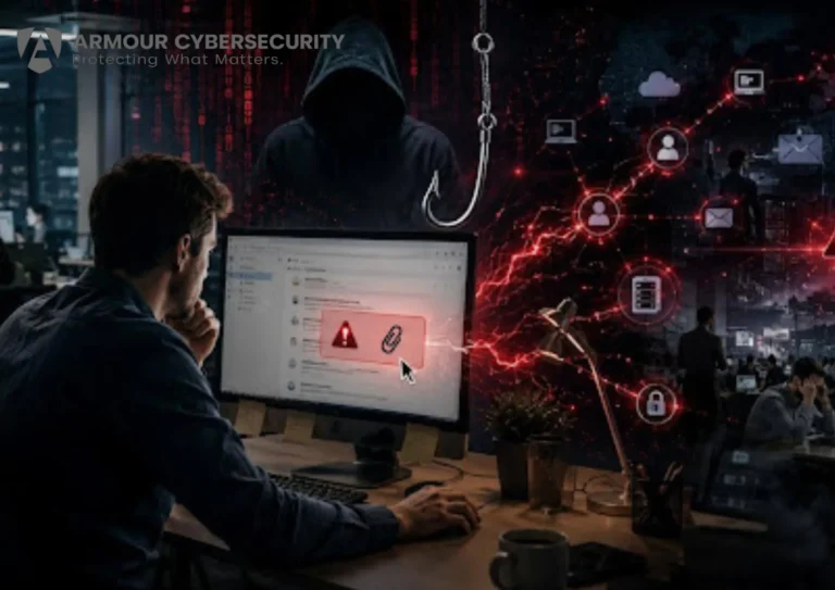 Cybersecurity professional reviewing a phishing attack alert while a hacker silhouette and cyber threat network illustrate human error data breach risks for small and medium-sized businesses, featuring Armour Cyber Security branding.