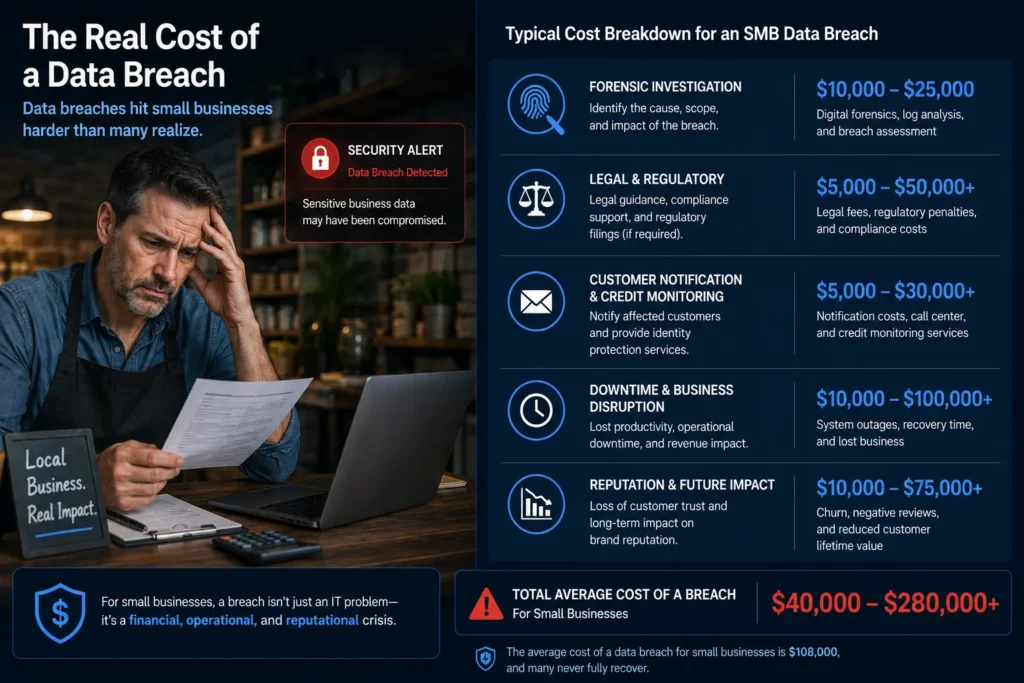 Cost breakdown of a small business data breach showing forensic, legal, notification, and downtime expenses