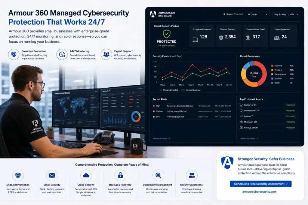 Armour 360 managed cybersecurity for small businesses - 24/7 monitoring dashboard