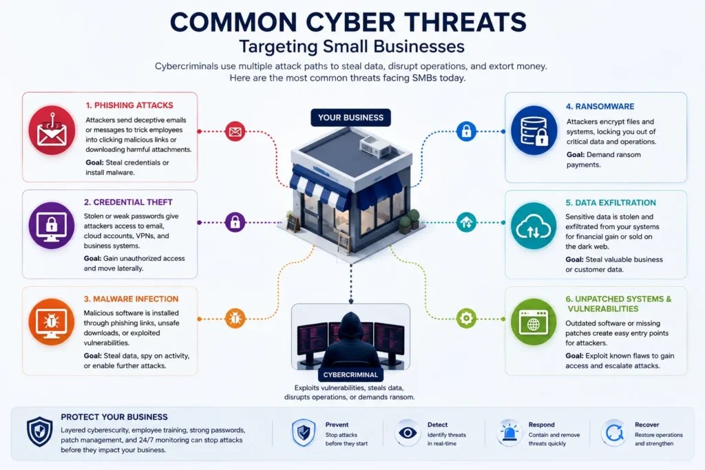 Common SMB cybersecurity threats including phishing, ransomware, and credential theft attack paths