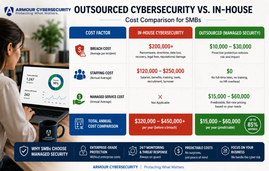Outsourced cybersecurity vs. in-house cost comparison showing breach cost, staffing cost, and managed service cost for SMBs