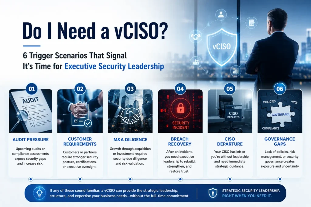 Do I need a vCISO - six trigger scenarios showing audit pressure, customer requirements, M&A diligence, breach recovery, CISO departure, and governance gaps