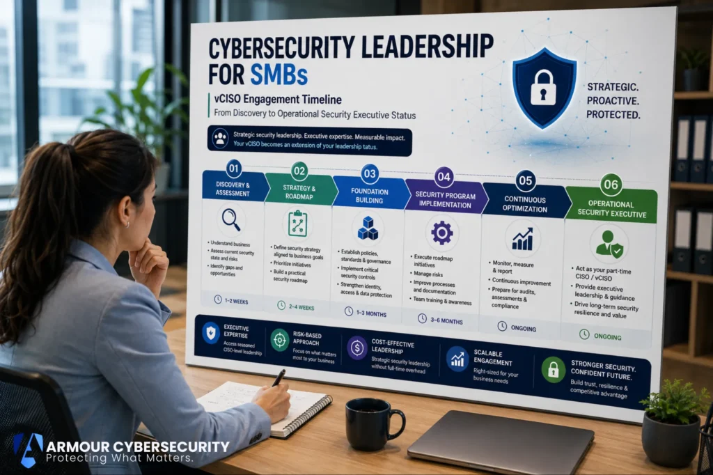 Cybersecurity leadership for SMBs - vCISO engagement timeline from discovery through operational security executive status