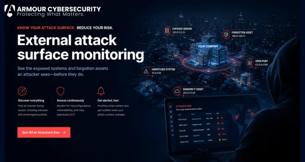 External attack surface monitoring for business showing exposed systems and forgotten assets an attacker sees