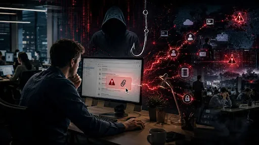 Small business employee at a desk clicking a suspicious phishing message, illustrating human error as the top cause of data breaches.