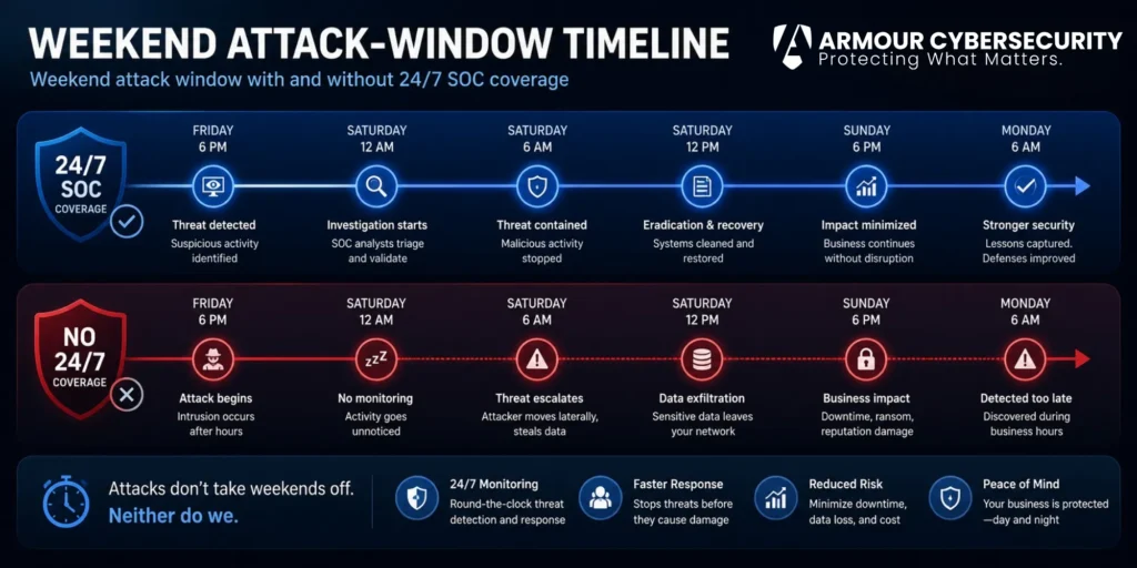 "Weekend attack window with and without 24/7 SOC coverage"