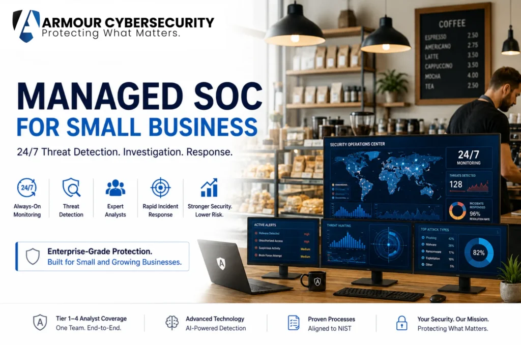 "Managed SOC for small business analysts monitoring threats 24/7"