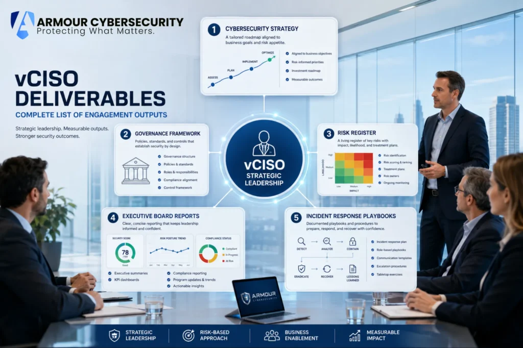 vCISO deliverables - complete list of engagement outputs including strategy, governance, risk register, board reports, and incident playbooks