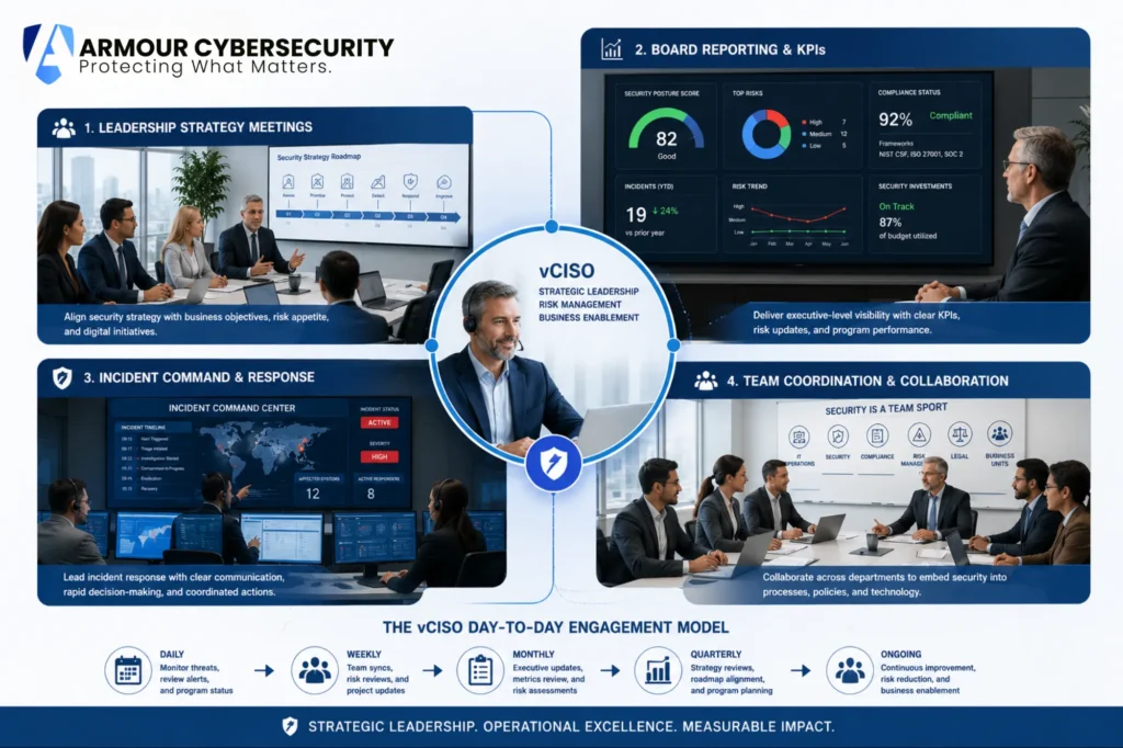 Virtual CISO role - day-to-day engagement model showing leadership meetings, board reporting, incident command, and team coordination