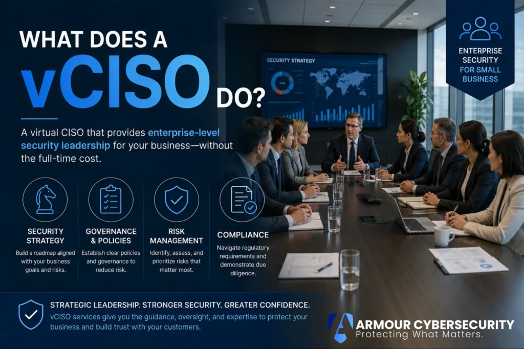 What does a vCISO do - virtual CISO executive leading security strategy, governance, and compliance for small business