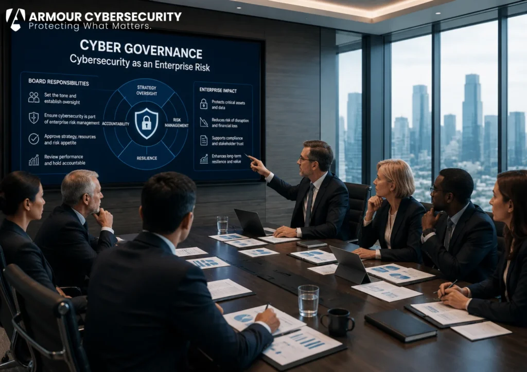 Board cyber governance: a board of directors overseeing cybersecurity as an enterprise risk, not delegating it to IT.