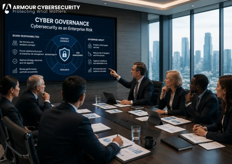 Board cyber governance: a board of directors overseeing cybersecurity as an enterprise risk, not delegating it to IT.