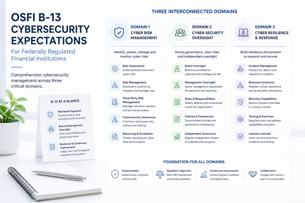 OSFI B-13 cybersecurity expectations for federally regulated financial institutions across three domains